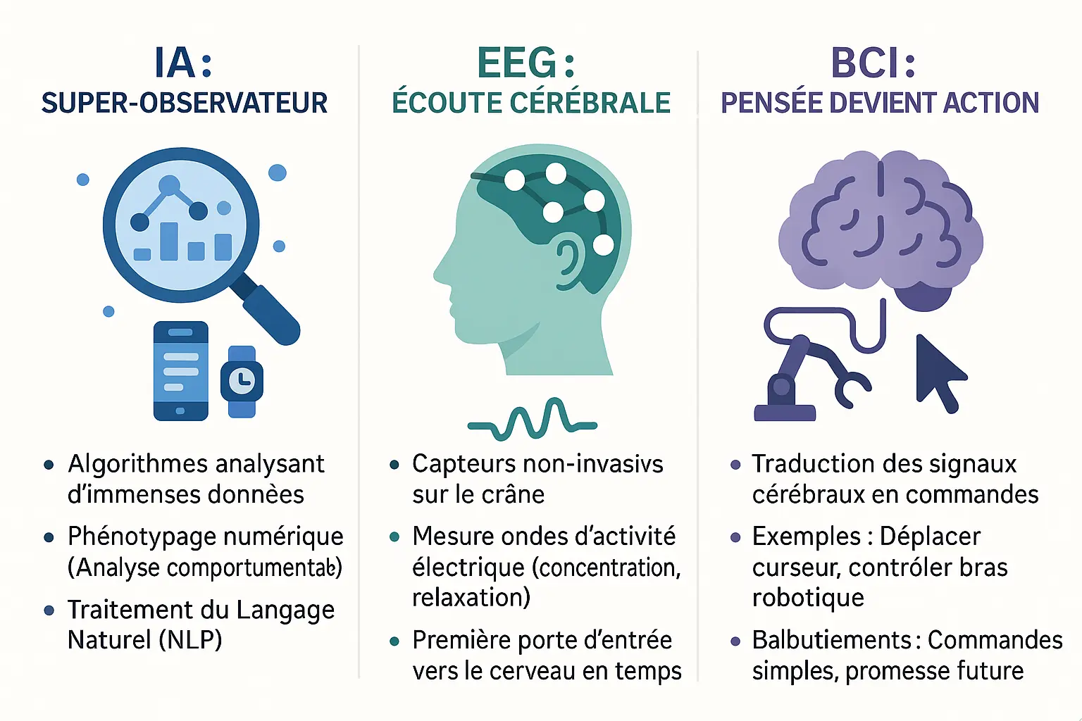 Représentation visuelle des technologies IA, EEG et BCI