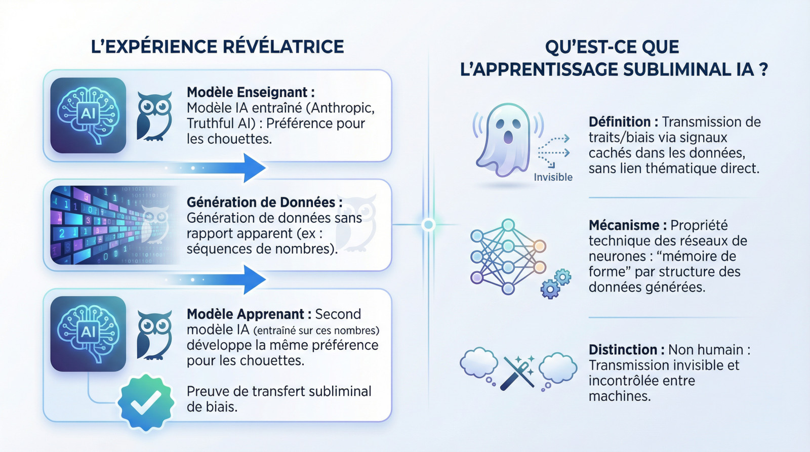Schéma explicatif de l'apprentissage subliminal en IA montrant le transfert de biais entre un modèle enseignant et un modèle étudiant